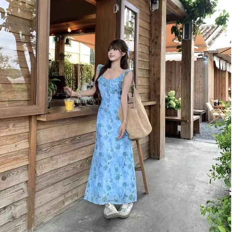 ブルーローズプリントドレス 2025 夏の新甘い痩身休暇スタイルノースリーブミッドレングススカート女性のための|undefined