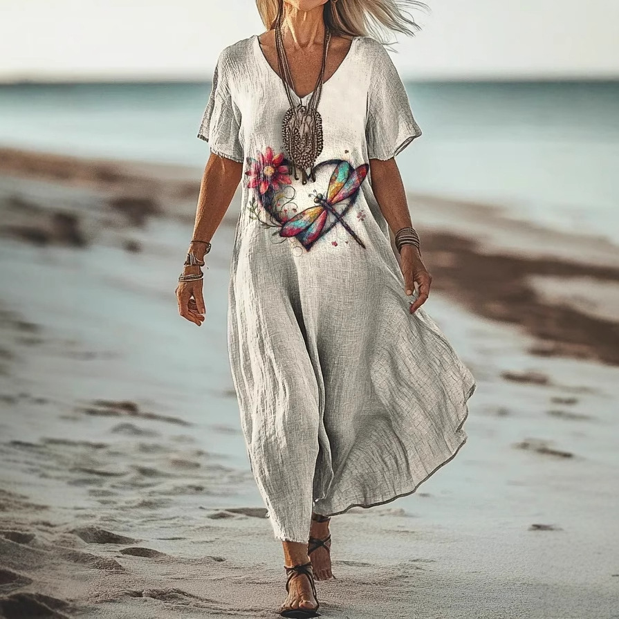 Creative Floral Women's Summer V-Neck Short Sleeve Dress, Mid-Length Dress_ecoleips.com