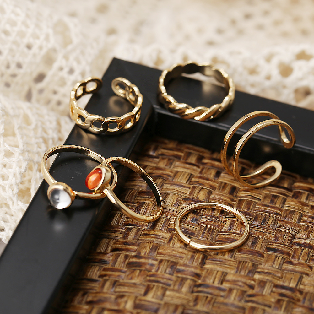 retro red and white agate chain ring 6 piece set