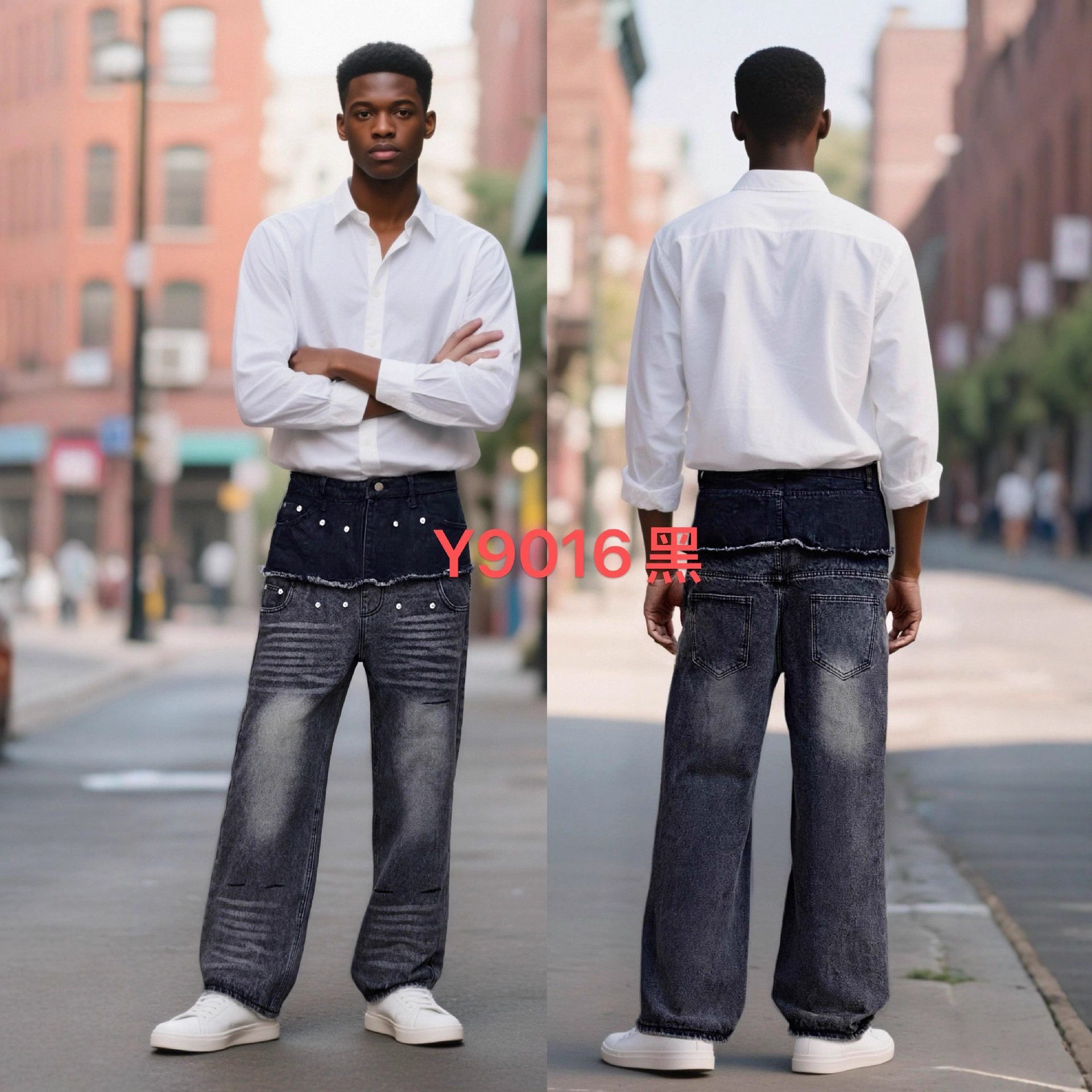 2025 Korean Men's Patchwork Rivet Heavy Vintage Washed Faded Stylish Straight-Leg Flared Jeans
