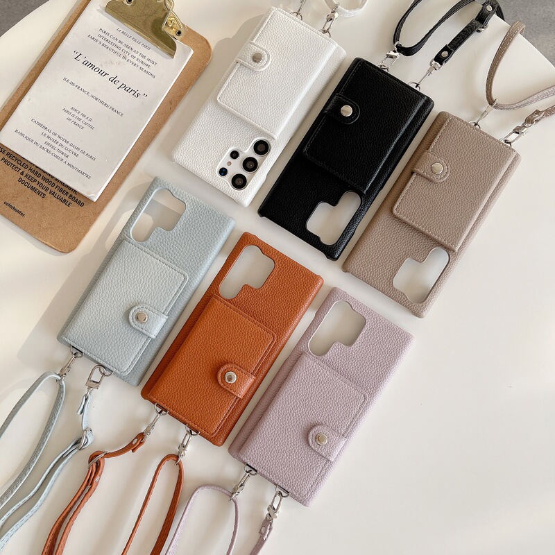 Suitable for Samsung S23Ultra, Pebbled Pattern Card-Insertable Cross-Body Phone Case with Left and Right Opening, S21/S22 Wallet Phone Case