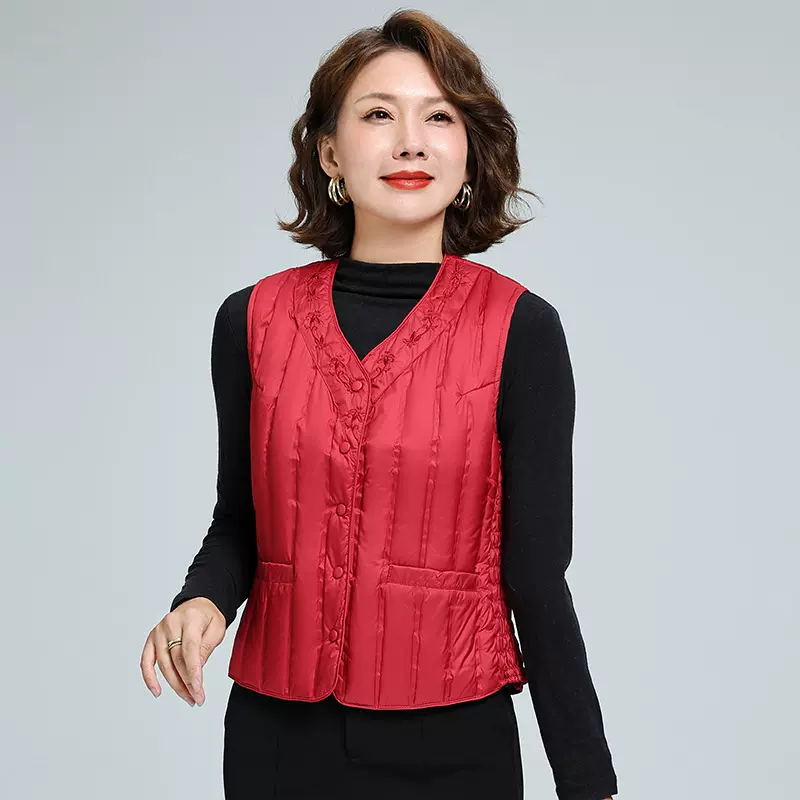 羽绒马甲女内穿加厚刺绣鸭绒背心妈妈国风百搭马夹中老年保暖坎肩