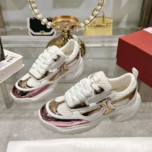 2025春夏新款牛皮拼接镜面水钻方扣时尚百搭增高厚底休闲运动鞋女