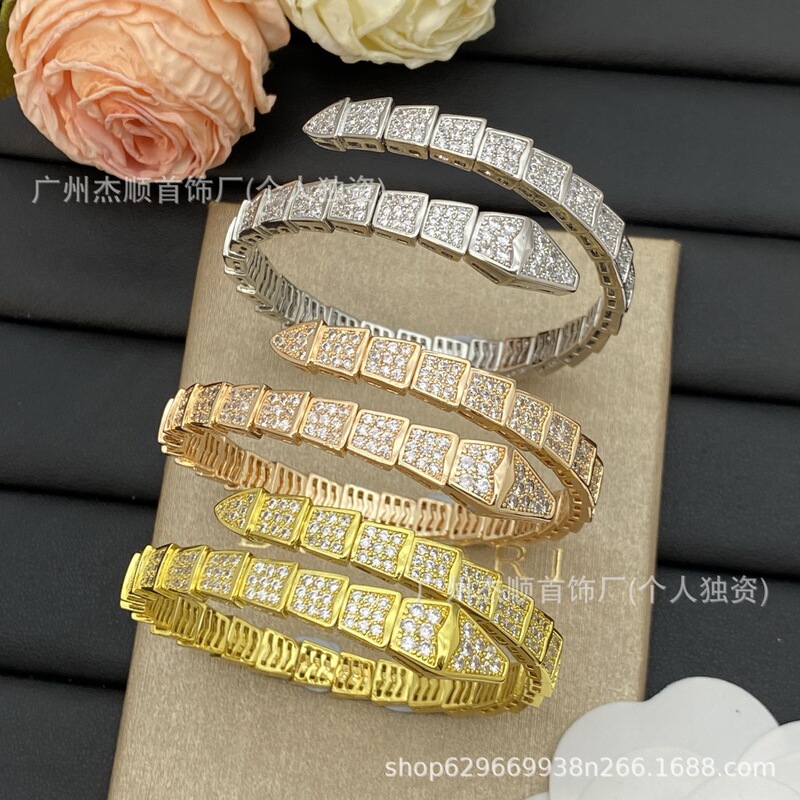 Baojia European and American Cross-Border New Style Zircon-Inlaid Bracelet Bv Niche Design Snake Bone High-End Open Bracelet Baojia European and American Cross-Border New Style Zircon-Inlaid Bracelet Bv Niche Design Snake Bone High-End Open Bracelet