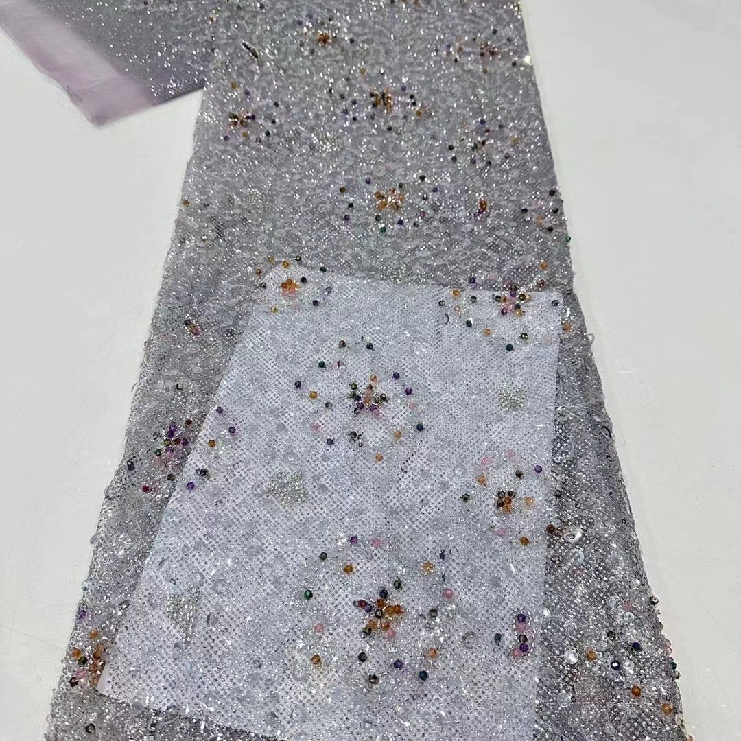 Polvo de polvo de tela de sequilla de encaje cuentas bordadas vestido de boda cheongsam bordado tela de sequilla