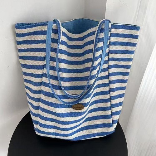 2025 Summer Striped Canvas Tote Bag, Korean Ins Lazy Style Shoulder Bag for Students, Large Capacity Casual Women's Bag