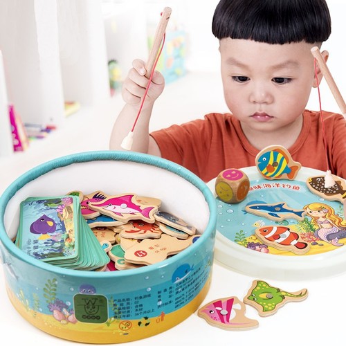Children's fishing toy set magnetic fish wooden 1-2-3 year old baby fish card multifunctional intellectual game