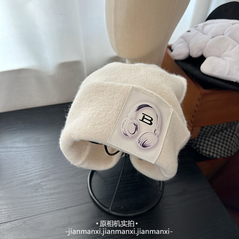 多色新款耳机贴布针织帽秋冬保暖日常百搭大头围宽松堆堆帽冷帽女|undefined