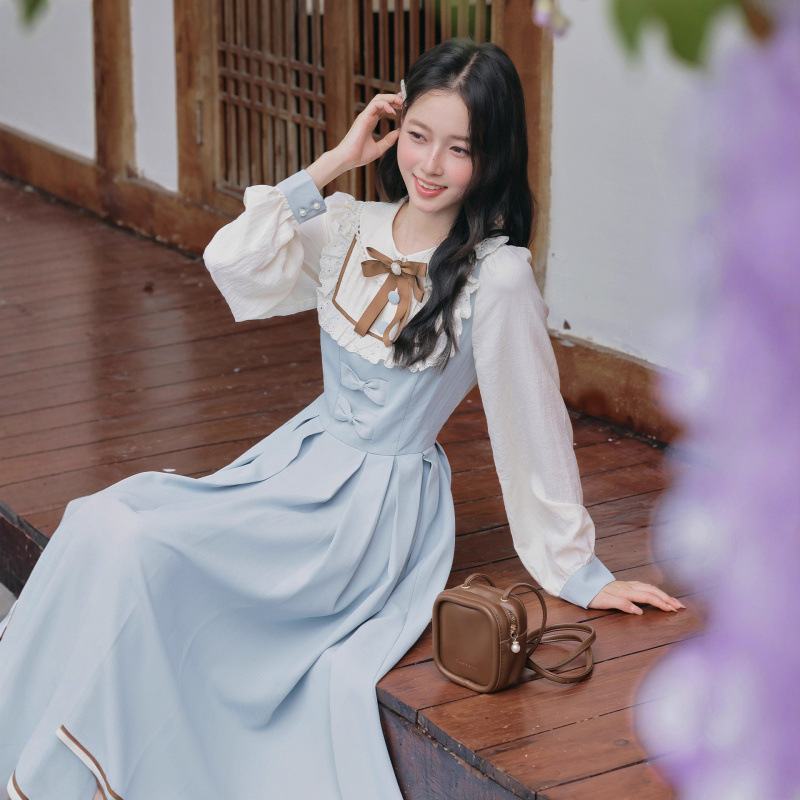 College Style Sweet and Fresh Fake Two-Piece Splicing Dress for Women with Bow Design Pleated Waist Long Skirt