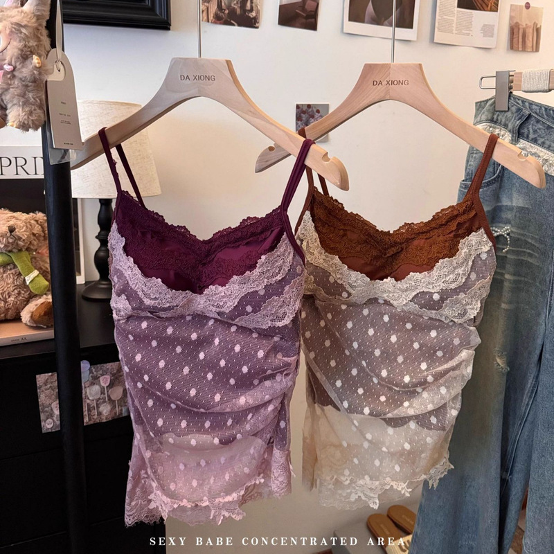 Vintage Lace Camisole Heavy-Duty 2025 Summer Women's Outfit Pure Desire Style Hot Girl Sexy Mesh Splicing Vintage Lace Camisole Heavy-Duty 2025 Summer Women's Outfit Pure Desire Style Hot Girl Sexy Mesh Splicing
