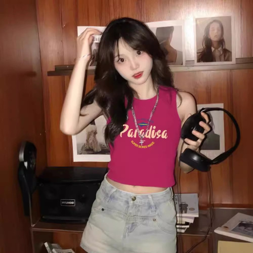 Dopamine Summer Fitted Slimming Backless Top for Women, New Colorful Letter Print Round Neck Sleeveless Blouse for Women, Trendy