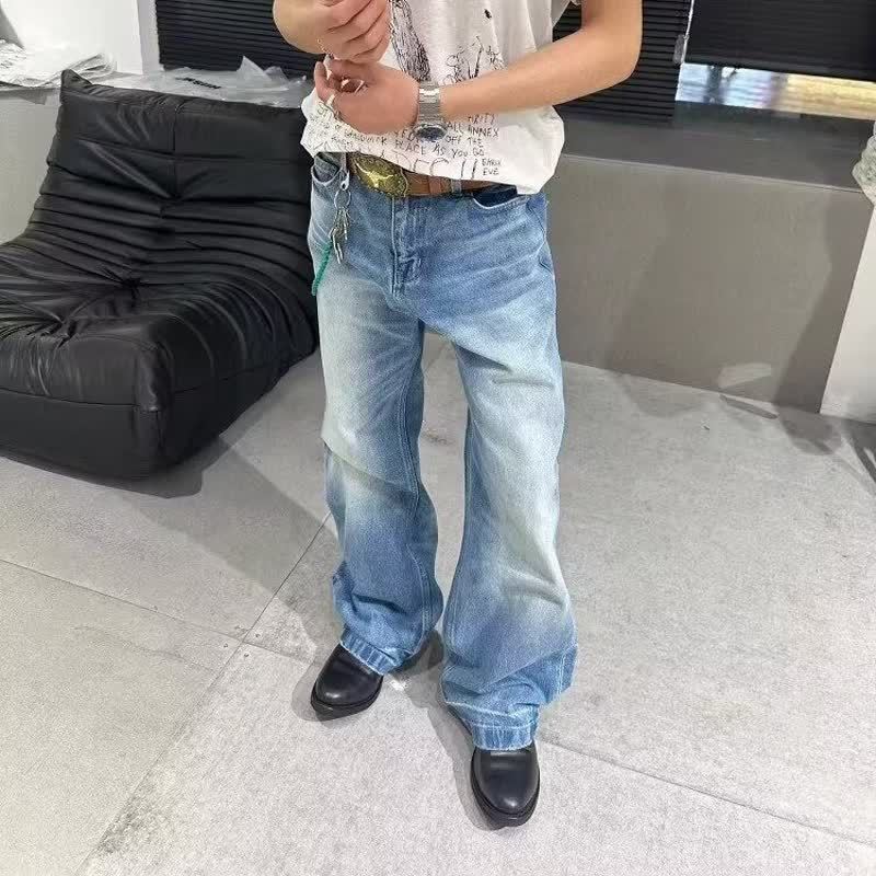 Retro High-Street Flared Jeans For Men & Women – Black Distressed Denim Pants, Loose Straight-Leg Vintage Style With Stretch Comfort_mkmklike.com