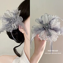 氛围感的神 超仙雪纺花朵羽毛发夹 原创小众串珠流苏大号发卡头饰