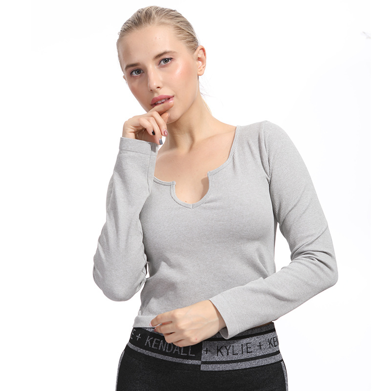 공장 맞춤형 단색 작은 V 넥 슬림베이스 스웨터 캐주얼 편안한 긴 소매 원활한 요가 세트
