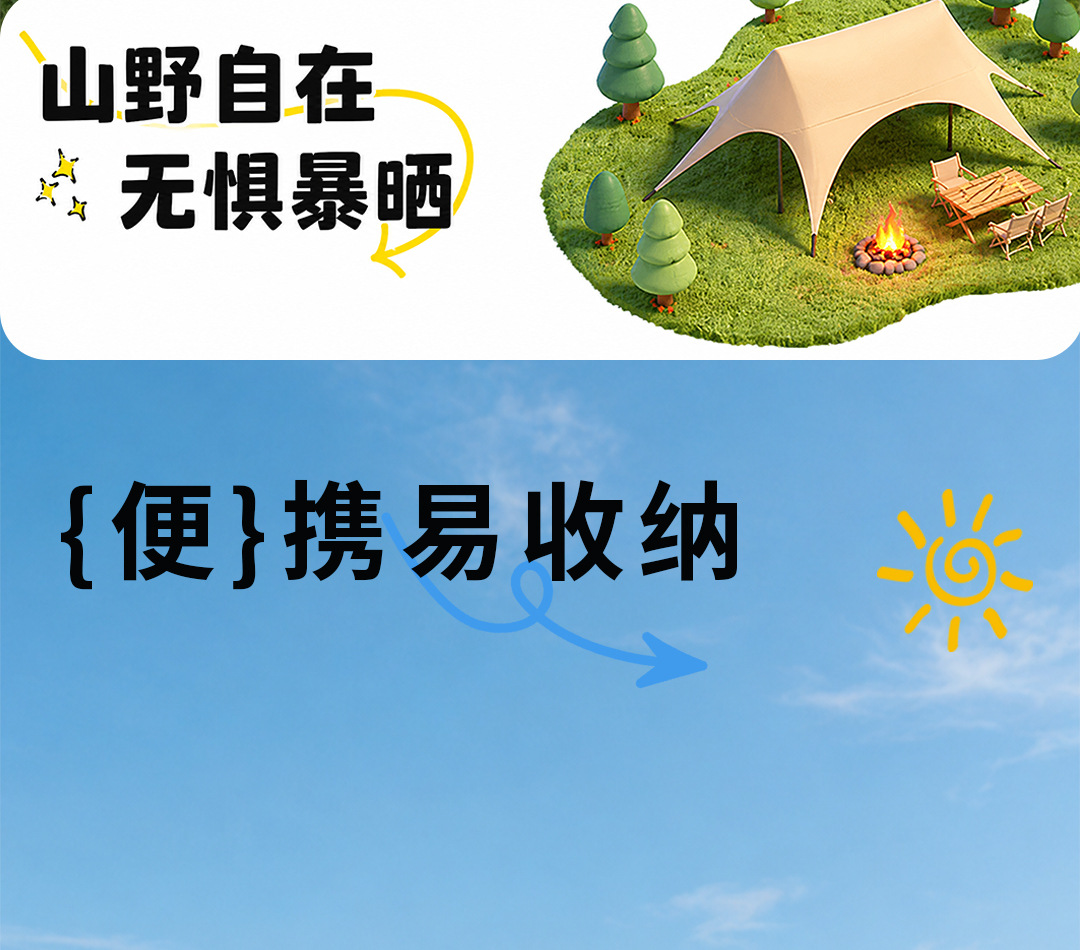Hexagonal Canopy with Thickened Black Vinyl, New Quick-Setup Camping Sunshade and Rainproof Dome Outdoor Sun Shelter