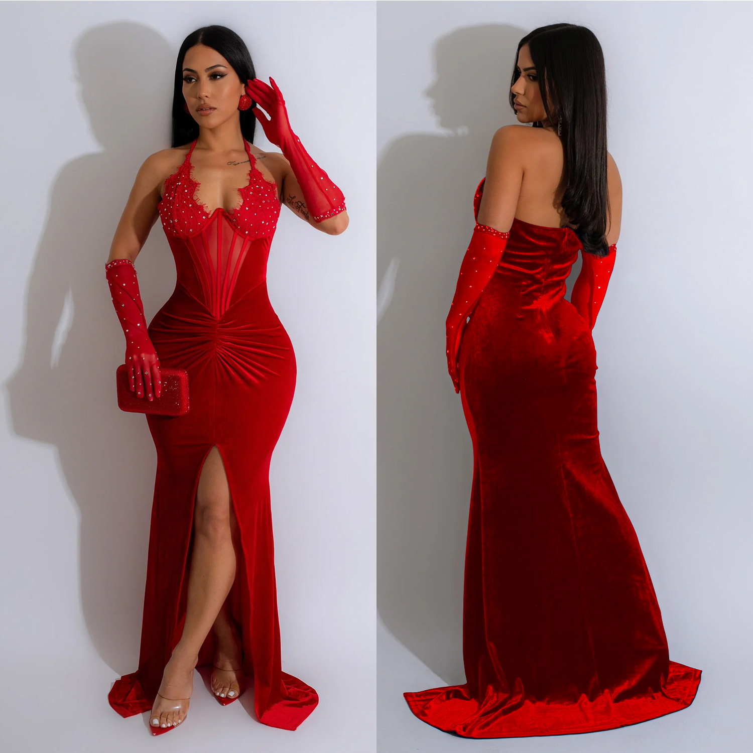 C6801 transfronteriza AliExpress Amazon Europa y América de las mujeres de la moda color sólido Halter split vestido sexy image 5