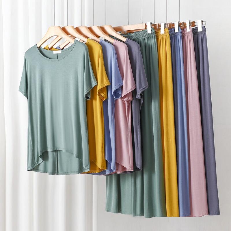 Summer New Modal Front Short Rear Long Short-sleeved T-shirt Wide Leg Pants Home Clothes Loose Large Size Color Matching Two-piece Set Summer New Modal Front Short Rear Long Short-sleeved T-shirt Wide Leg Pants Home Clothes Loose Large Size Color Matching Two-piece Set