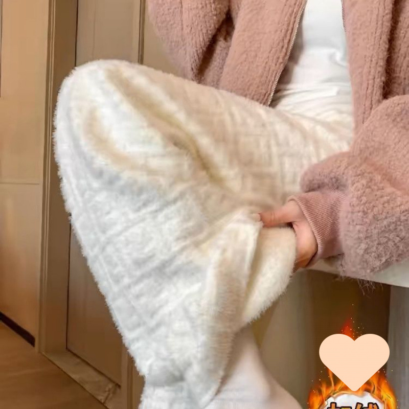 加绒糯米水貂字母针织阔腿裤女秋冬高腰垂感拖地休闲加长白色裤子