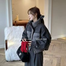 欧货毛呢拼接亮晶晶羽绒棉服女装立领短款小个子棉衣时尚保暖外套