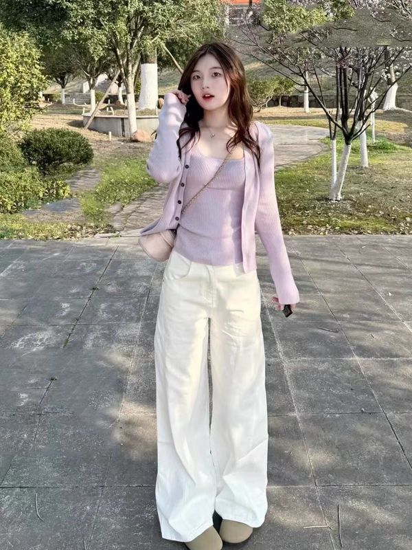 韩系早秋季穿搭紫色开衫上衣吊带两件套女装气质独特针织小衫套装|undefined
