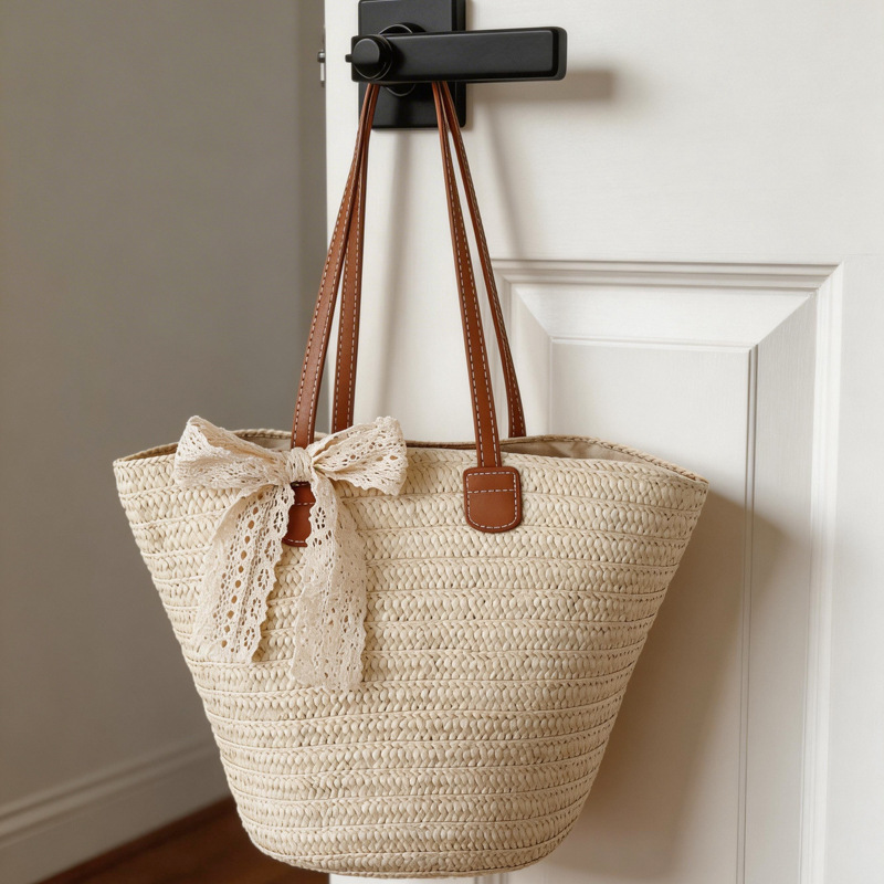Handmade Woven Rattan Shoulder Bag With Leather Trim And Handle_voghion.com