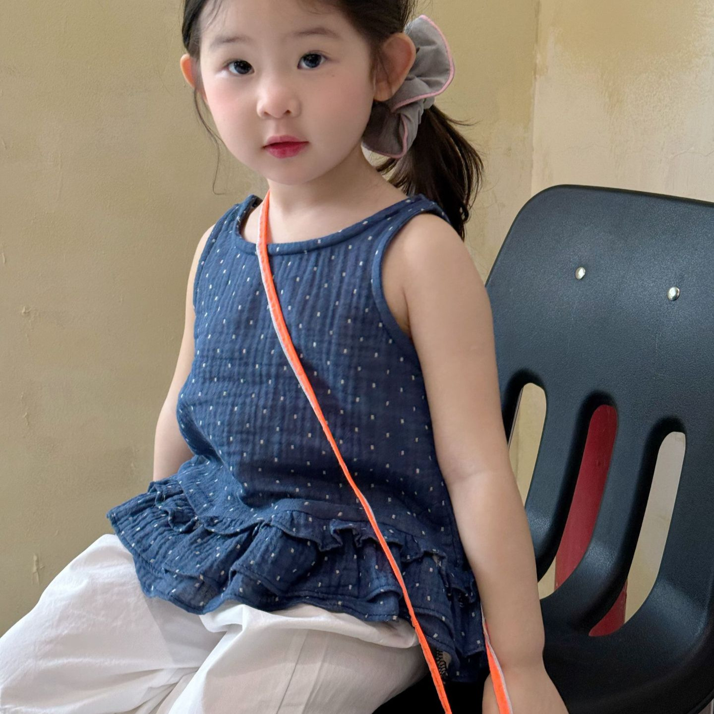 2025夏季新品 韩版童装  女童点子木耳边裙衫  宝宝无袖背心上衣