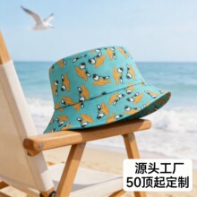 欧美风卡通印花宽檐平顶渔夫帽中性款斜纹涤纶盆帽春夏沙滩冷帽
