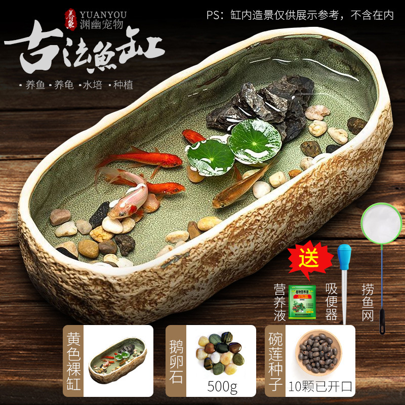 Tanque de peces antiguo, paisajismo ecológico, cuenco, lotus, lenteja de agua, lavabo de cerámica, balcón doméstico, piscina hidropónica, decoración pequeña, piedra de imitación