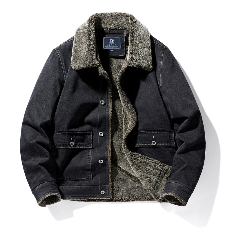 Factory Direct Winter Denim Jacket Men's Lapel fleece-lined Thickened Warm Cotton-padded Loose Fashionable Workwear Jacket Factory Direct Winter Denim Jacket Men's Lapel fleece-lined Thickened Warm Cotton-padded Loose Fashionable Workwear Jacket