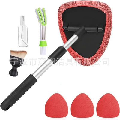 Car cleaning tools: Defogging Brush Sponge Handle - pentagonal-telescopic-pole-4-red-cloth-covers-1-bottle-1-detail-brush-1-small-yellow-brush
