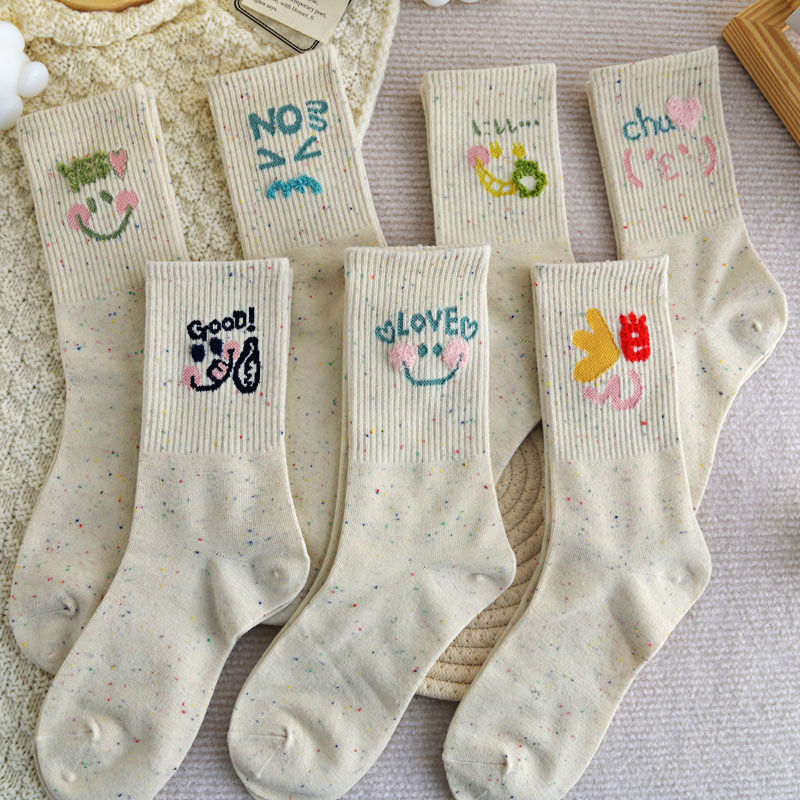 Socks for Women Mid-Calf Pure Cotton Antibacterial and Deodorant 100% Genuine Spring and Summer Versatile Yarn Cute Expression Stockings