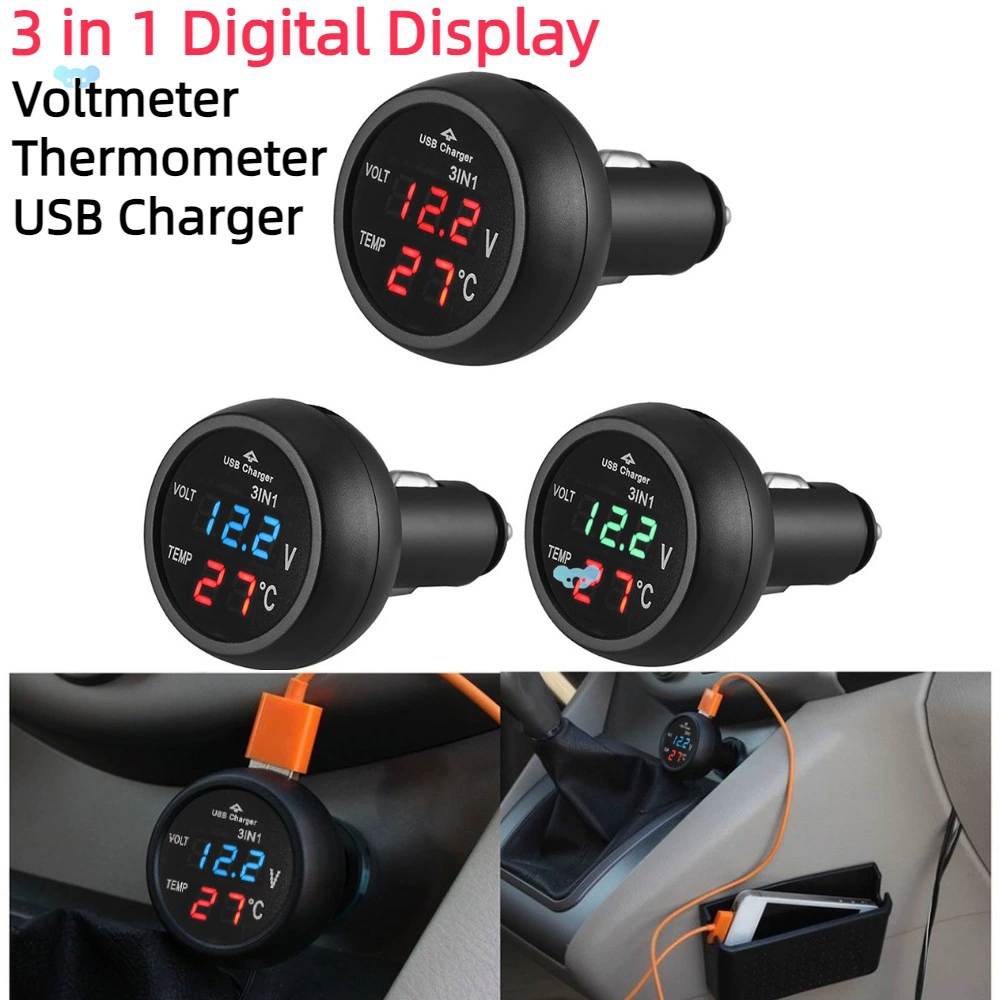 Цифровой автомобильный вольтметр LED 12V/24V 3 в 1 USB-зарядное устройство для автомобиля