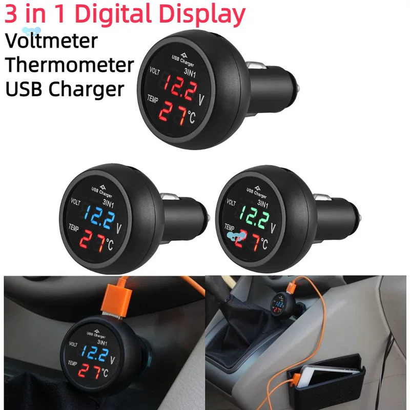 Цифровой автомобильный вольтметр LED 12V/24V 3 в 1 USB-зарядное устройство для автомобиля