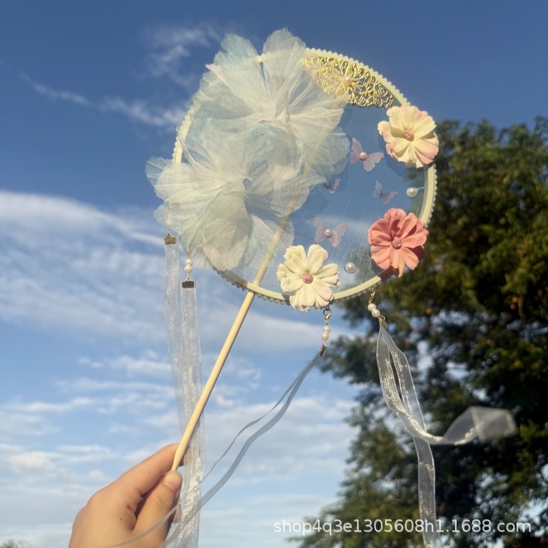原创古风绢花扇子圆形飘带花朵拍摄道具汉服洛丽塔搭配手工团扇|undefined