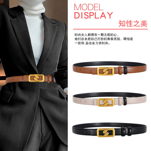 Internet celebrity same style ins style women's genuine leather belt double-sided usable cowhide belt light luxury niche genuine leather belt for women