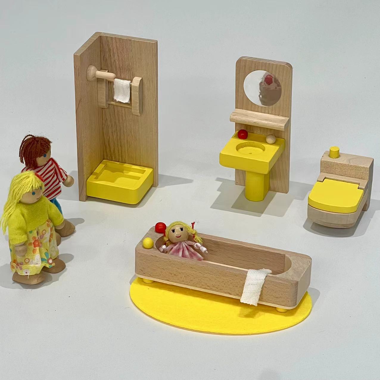 Mini conjunto completo familia juguetes de madera niños jugar casa linda simulación muebles pequeños traje noche mercado juguetes pequeños