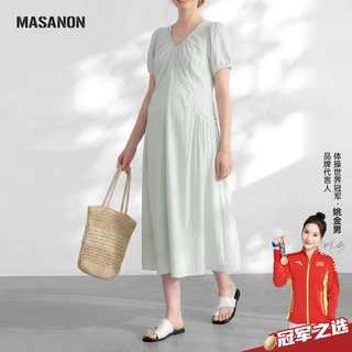 masanon孕妇连衣裙夏季薄款V领泡泡袖收腰显瘦孕期宽松可外穿长裙
