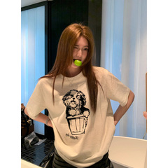 3285 # 阿一密着双糸綿植毛プリント半袖tシャツ新商品ゆるいtシャツ丸襟白い上着