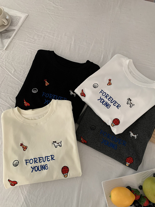 Omalai 刺繍レターパターンラウンドネック右肩半袖プルオーバー Tシャツ韓国風ファッショナブルな万能トップス女性用 3485|undefined