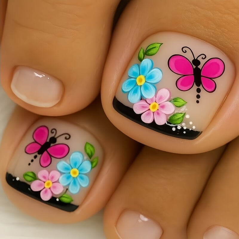 Butterfly floral toenails, short square matte design fake nails, 24 pieces of European and American fashion wearable toenails