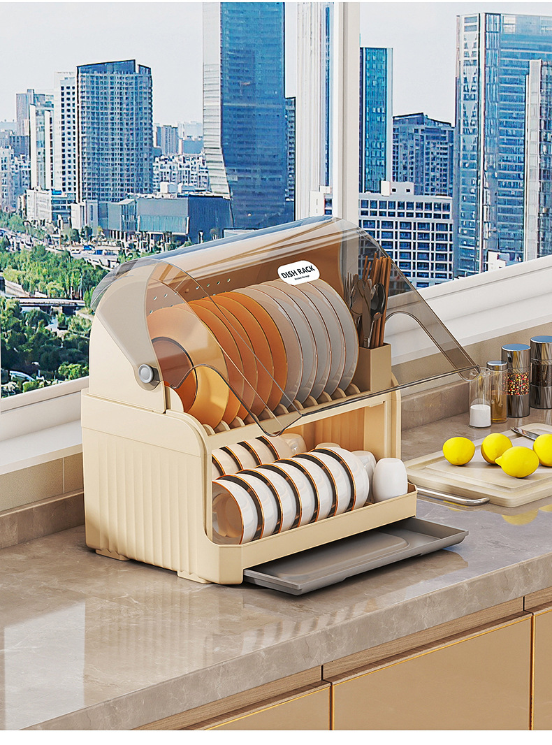 Cross-border kitchen cabinet flip cover dust-proof plastic storage rack household draining shelves bowl and chopstick kitchen utensil storage box