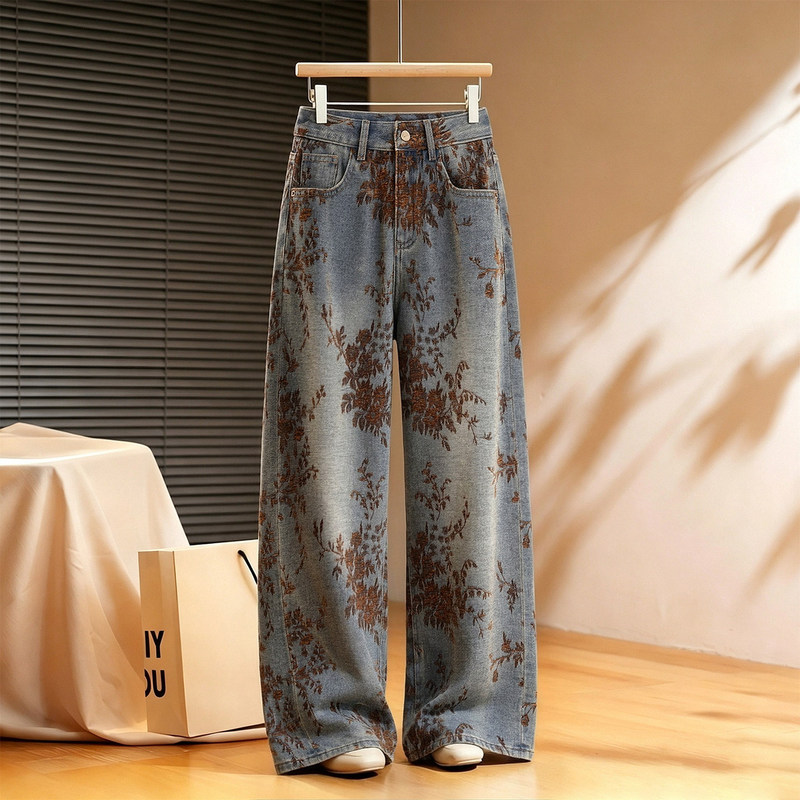 Women's jacquard denim wide-leg pants with intricate craftsmanship, 2026 autumn new style, popular chenille patchwork high-waisted straight-leg pants