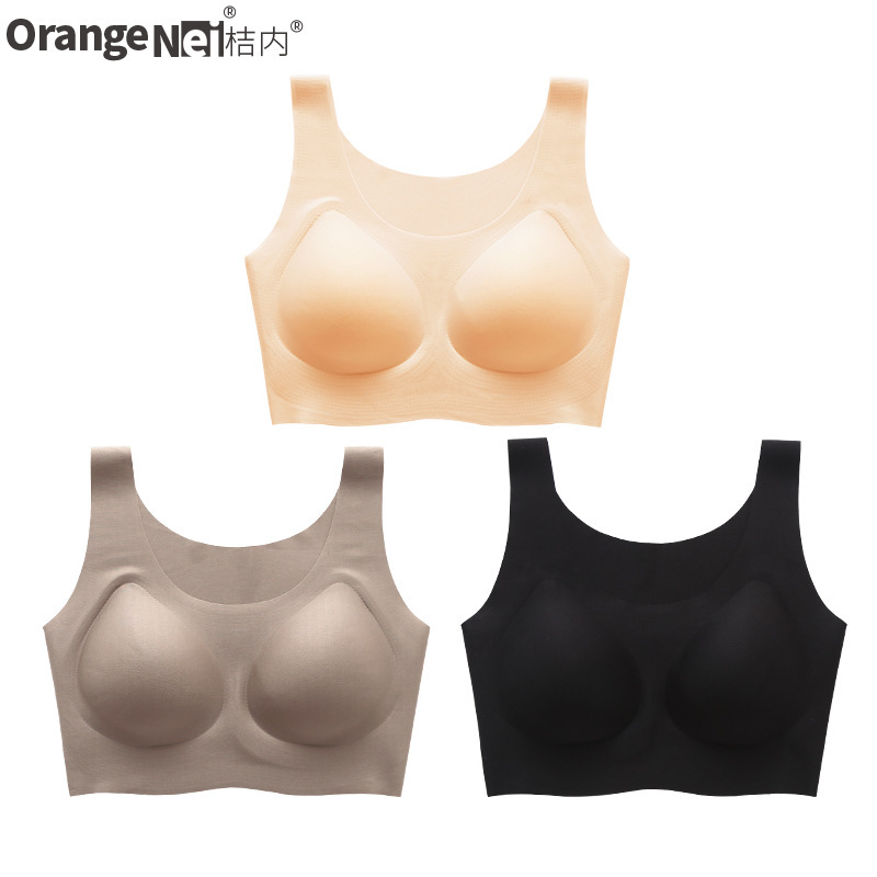 Orange Banana Concave Underwear Women's Ice Silk One-Piece Seamless Wire-Free Push-Up Breathable Plaid No-Strangle Bra