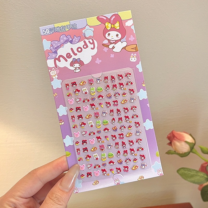 Uñas postizas Kuromi para niños en caja, lindas pegatinas de uñas removibles para niñas, pegatinas de uñas exquisitas de dibujos animados.