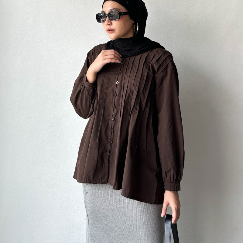 Cross-Border Manufacturer Direct Sales French Lazy Style Accordion Pleated Shirt Women's Tucker Pleated Twill Korean Style Fresh Top