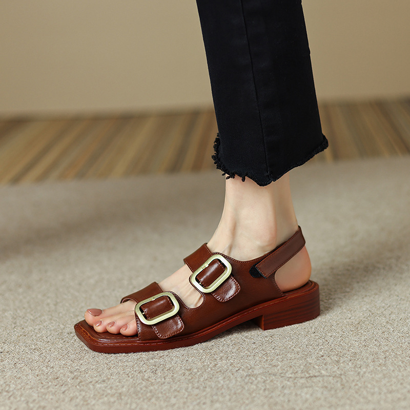 Sandal hở mũi nữ quai ngang đế thấp phong cách La Mã cổ điển, da bò màu nâu — Màu nâu chi tiết 8