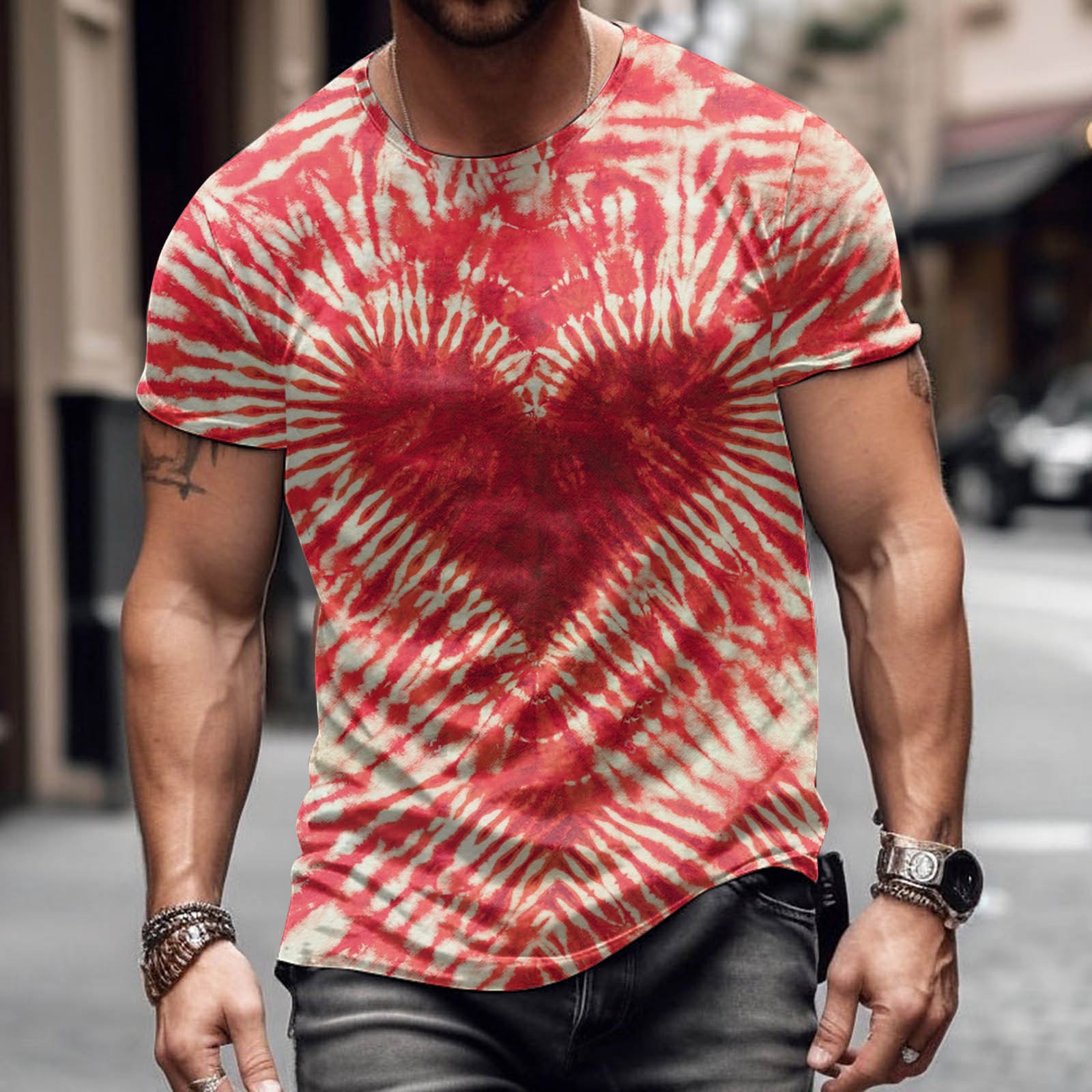 Moda romántica Día de San Valentín colorido amor 3D cepillado lleno de impresión de los hombres calle alta suelta transpirable camiseta de manga corta en stock