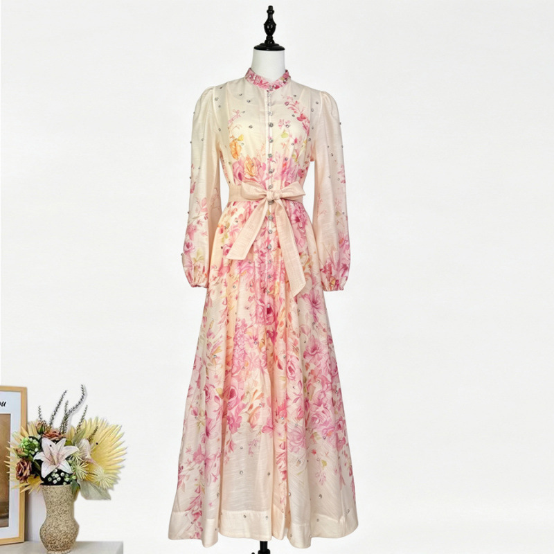 Real Shot of French-Style Vintage Printed Dress with Heavy Embellishments, Star-Patterned Rhinestones, Lantern Sleeves, Stand Collar, Two-Piece Set, Long Dress, Export Real Shot of French-Style Vintage Printed Dress with Heavy Embellishments, Star-Patterned Rhinestones, Lantern Sleeves, Stand Collar, Two-Piece Set, Long Dress, Export