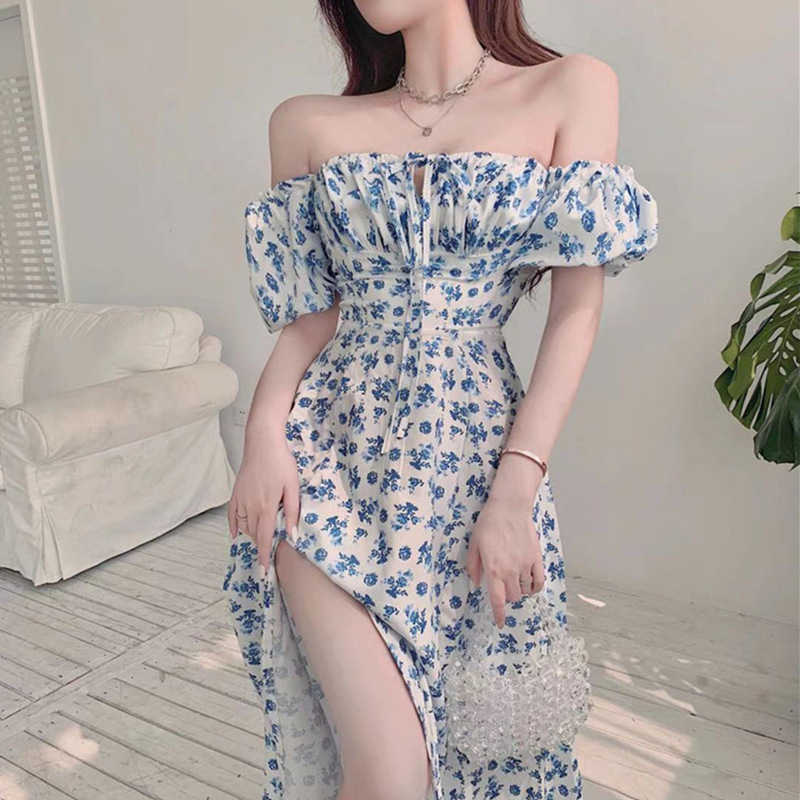 Blue Floral Dress Women's Summer Long Split Long Dress Elegant Design Clavicle Off-shoulder Tea Break French Dress