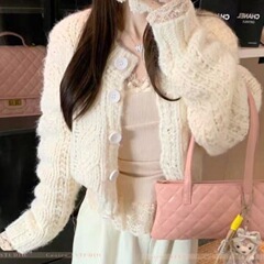 2025新款短款圆领毛衣外套女慵懒风复古显瘦时尚纯色上衣针织开衫